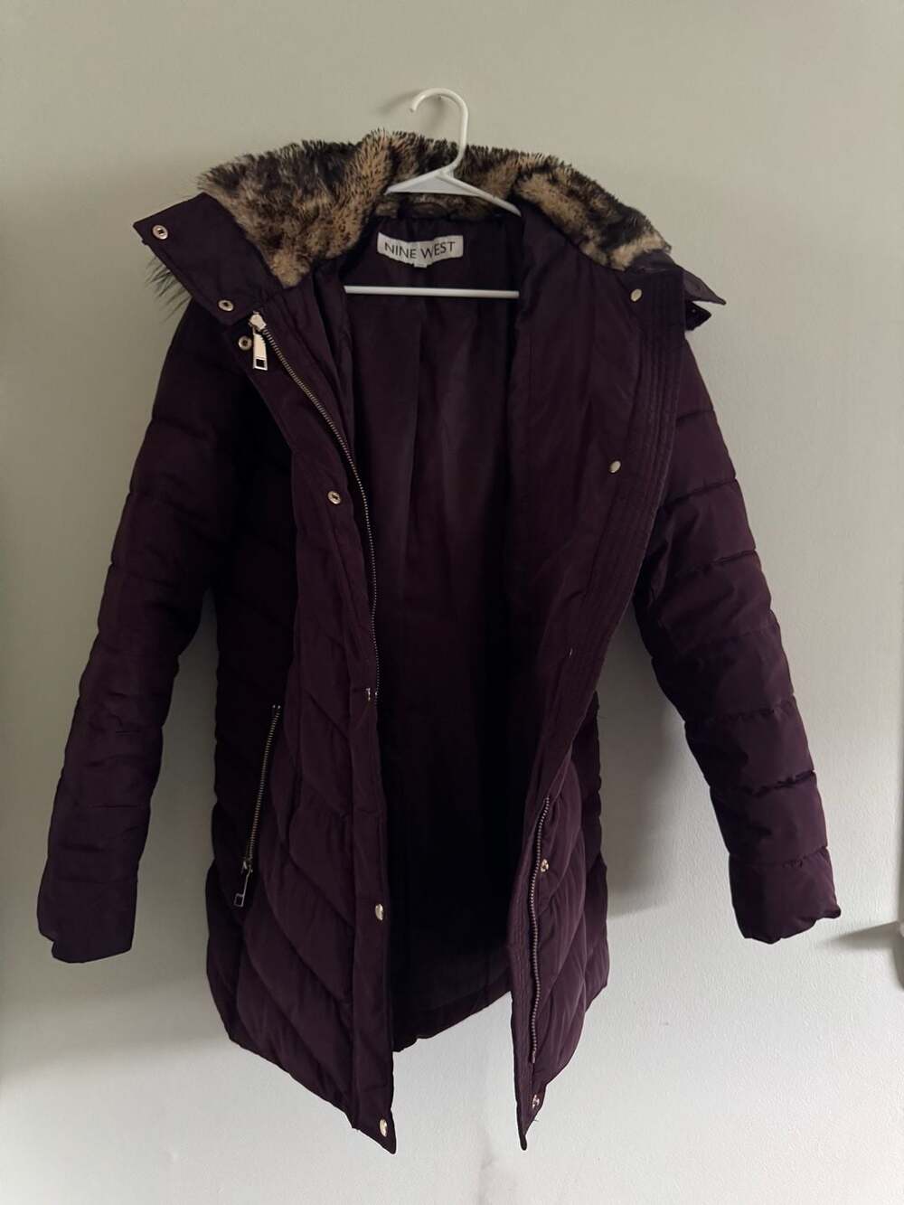 Nine West Women's Purple Faux Fur Hooded Puffer Coat Jacket Size S